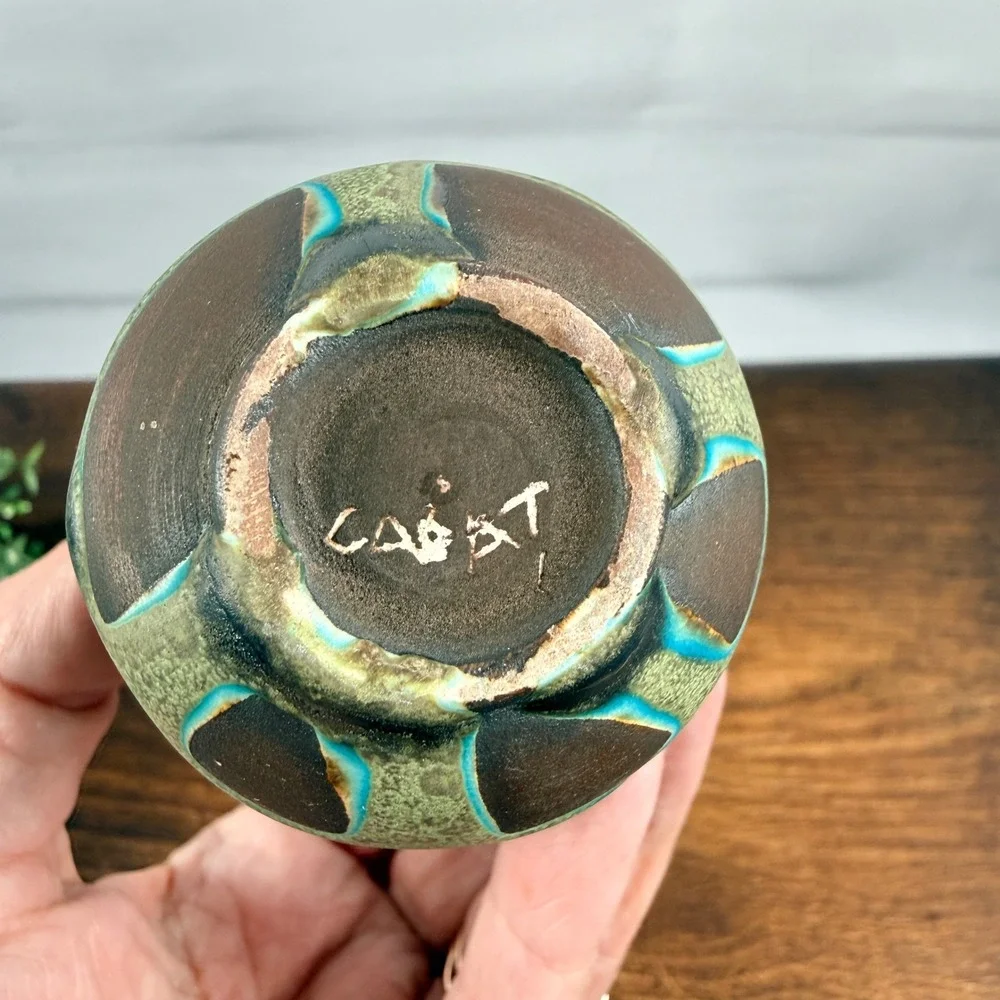 Rose Cabat Feelie Studio Pottery Vase Turquoise Green Crystalline Glaze Signed